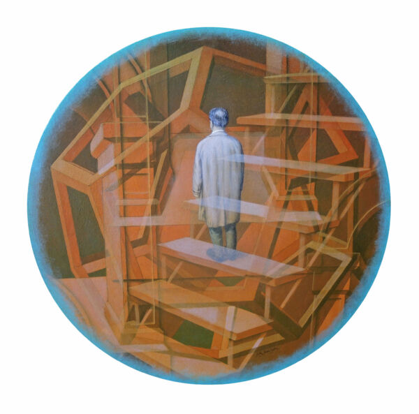 2020 Adolfo Álvarez Barthe. AMBICIÓN LEGÍTIMA o LA OCASIÓN LA PINTAN CALVA. Temple sobre tabla, 60 cms de di ametro