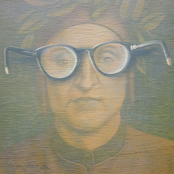 2023 Adolfo Álvarez Barthe. OBSERVADOR Y OBSERVANDO, Dante. Tem ple-tabla. 25X25 cms