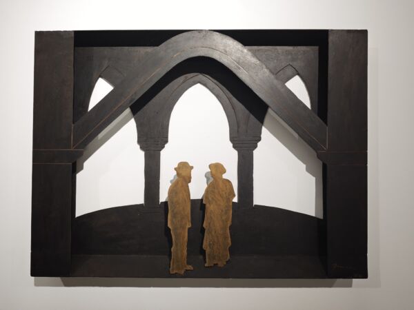 Amancio Grau y Gaudí en los sótanos del palacio. hierro 2026. 56x75,5x4,5cm