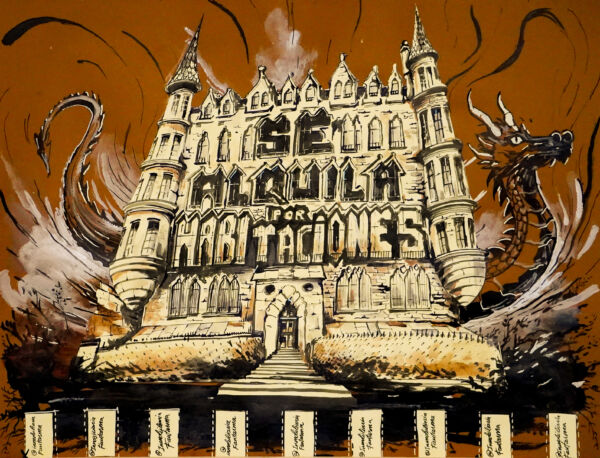 Jonathan Notario - Se alquila por habitaciones (homenaje a Gaudí) Tinta china sobre papel canson y acrílico. 50x60cm