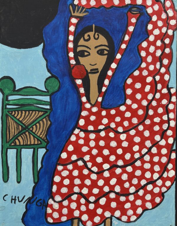 Bailaora en rojo con silla y luna negra 36x25 cm