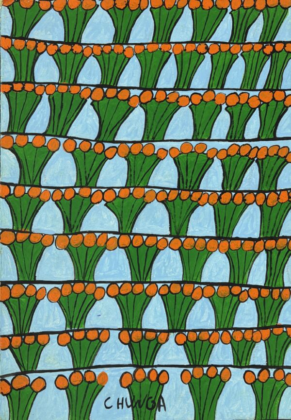 Flores naranjas sobre fondo azul 50 x 36cm