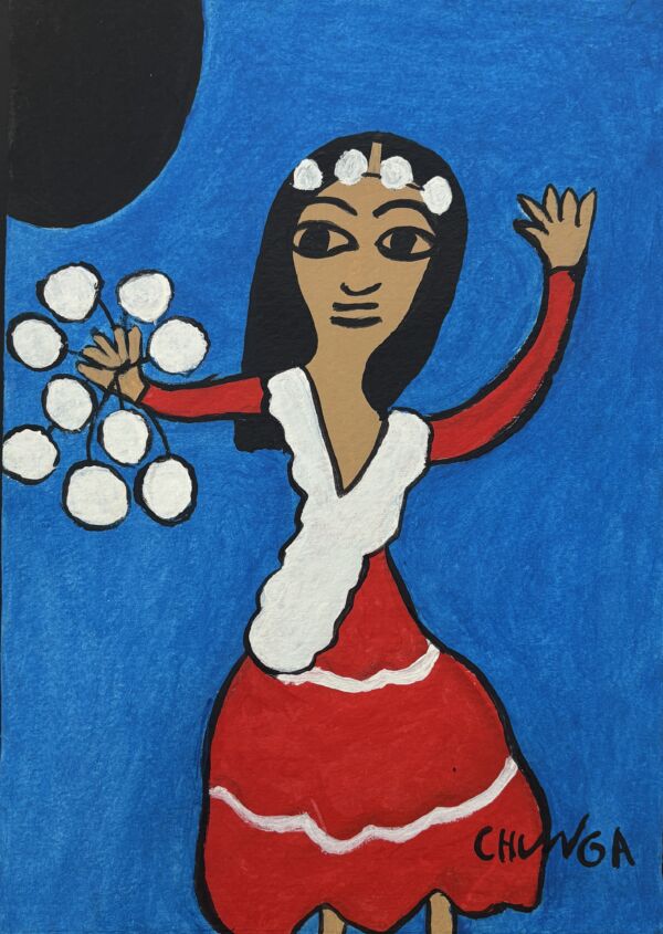 Gitanilla en rojo con flores blancas y luna negra 36 x 25 cm