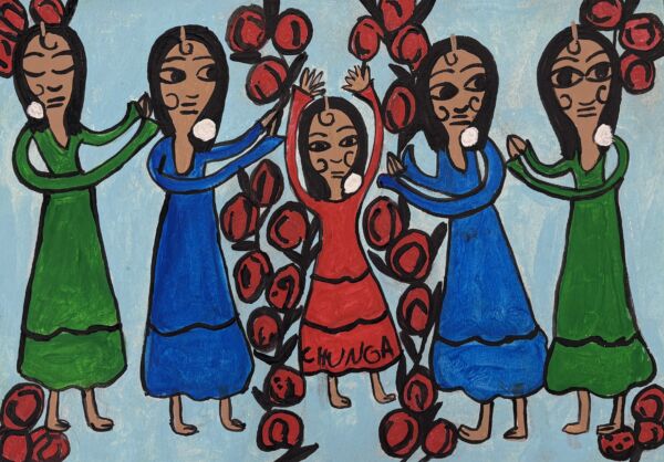 Gitanillas aplaudiendo a bailaora sobre rosas rojas 25 x 36 cm