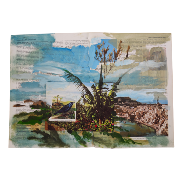 Colisión entre mundos 2026. 25,5 x 36,5 cm. Collage y acrilico sobre papel. sin fondo