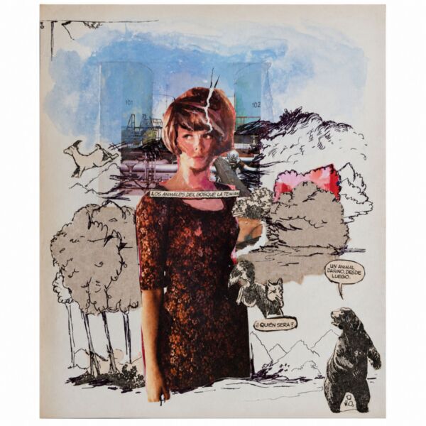 Los animales del bosque la temían 2026. 23,5 x 20,5 cm. Collage y mixta sobre papel. sin fondo