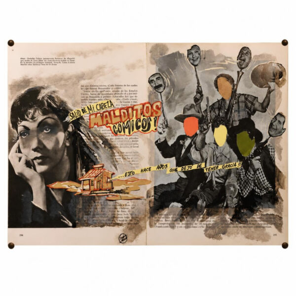 Malditos cómicos 2026. 29,5 x 43 cm. Collage, rotulador y acrílico sobre papel sin fondo