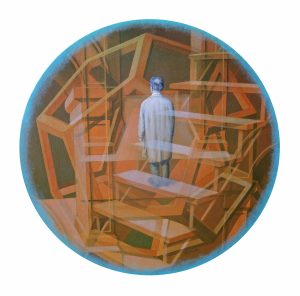 2020 Adolfo Álvarez Barthe. AMBICIÓN LEGÍTIMA o LA OCASIÓN LA PINTAN CALVA. Temple sobre tabla, 60 cms de di ametro