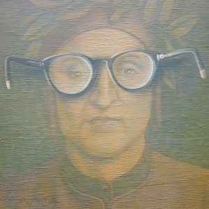 2023 Adolfo Álvarez Barthe. OBSERVADOR Y OBSERVANDO, Dante. Tem ple-tabla. 25X25 cms