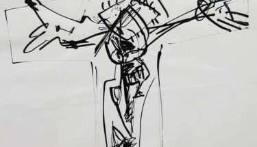 ‘Crucifixión’, dibujo de Antonio Suárez, un detalle de la exposición en la galería Ármaga.