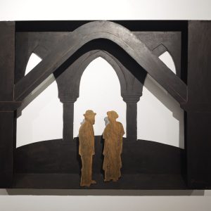 Amancio Grau y Gaudí en los sótanos del palacio. hierro 2026. 56x75,5x4,5cm