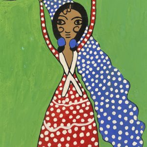 Gitanilla en rojo con lunares con manto azul y luna negra 50 x 36cm